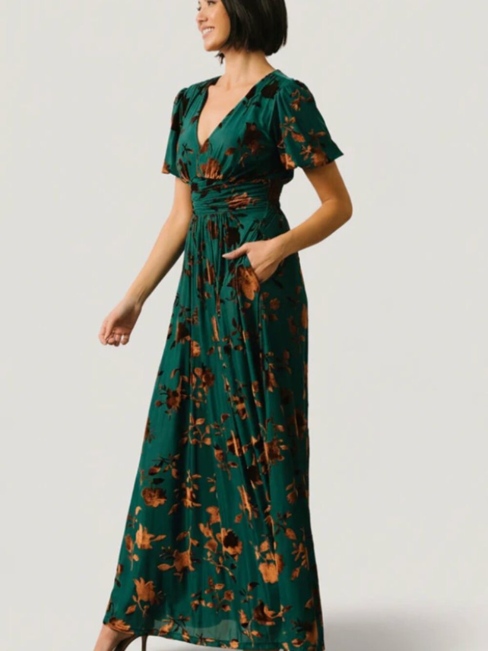 Baltic Born | Leslie Velvet Maxi Dress Floral Bronze & Jade | Size 1XL - Picture 3 of 15